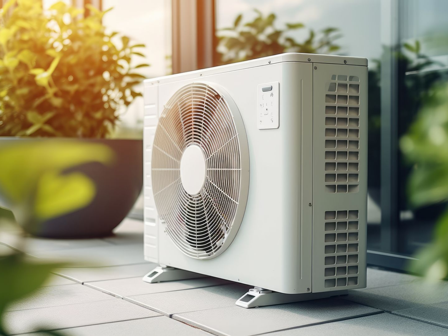 Unité de pompe à chaleur blanche sur une terrasse, entourée de plantes.