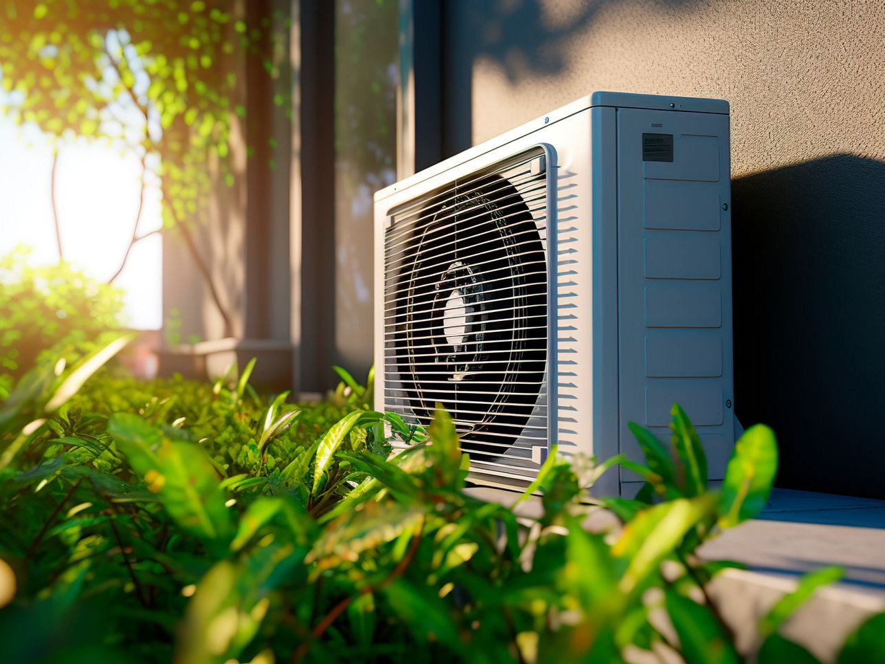 L'unité de climatisation est installée à l'extérieur, entourée de verdure, avec le soleil en arrière-plan.