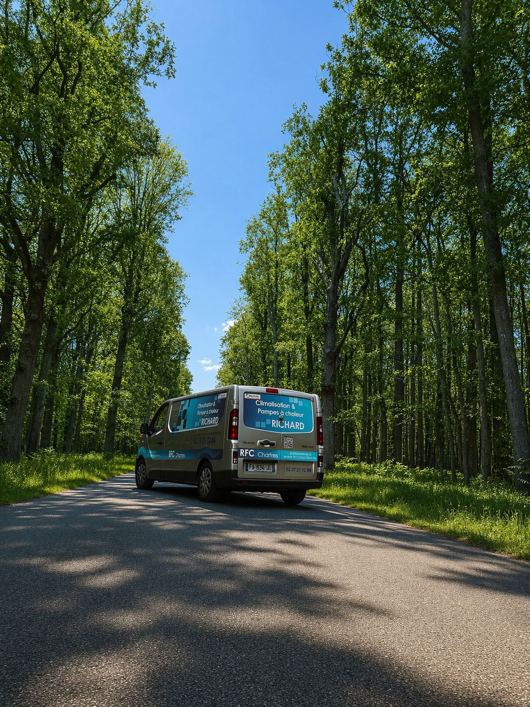 Une camionnette roule sur une route bordée d'arbres en automne. La camionnette est argentée et les arbres ont des feuilles brunes et orangées.