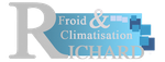 Logo pour « Richard Froid & Climatisation », bannière bleu clair avec texte, lettre « R » grise.