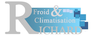 Accueil Logo pour « Richard Froid & Climatisation », bannière bleu clair avec texte, lettre « R » grise.
