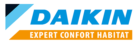 Logo Daikin avec texte bleu sur fond blanc, « EXPERT CONFORT HABITAT » en orange.