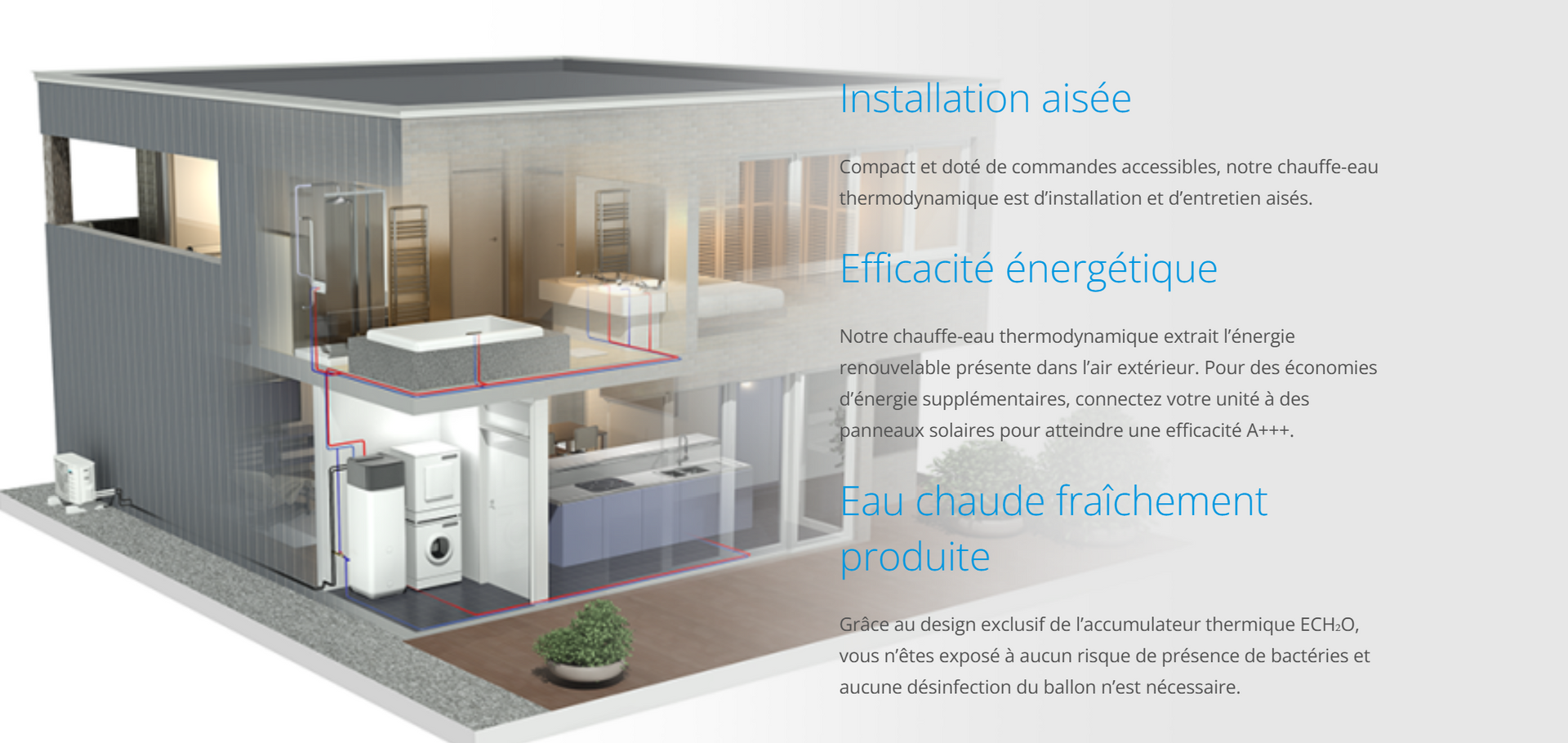 Vue en coupe d'une maison moderne montrant le système de chauffage et l'efficacité énergétique (en français).