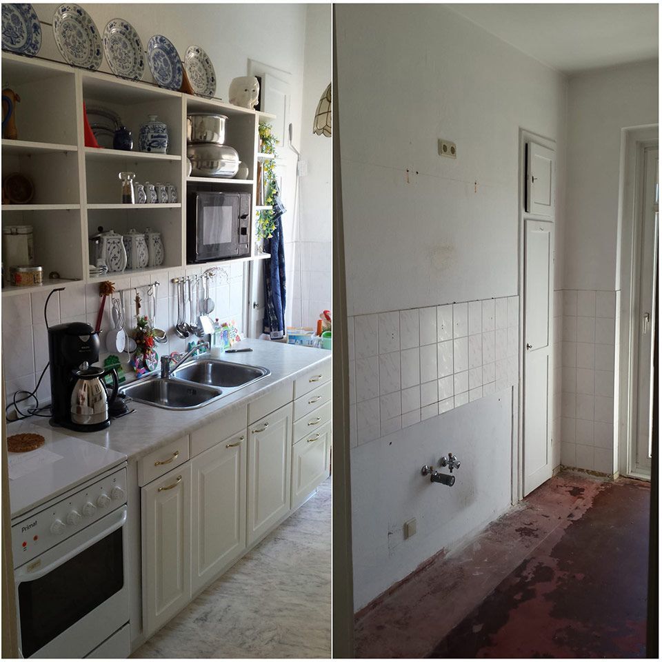 Küche vor und nach der Renovierung: Links sind weiße Schränke, Geräte und Regale zu sehen; rechts sind beschädigte Wände und Fußböden zu sehen.
