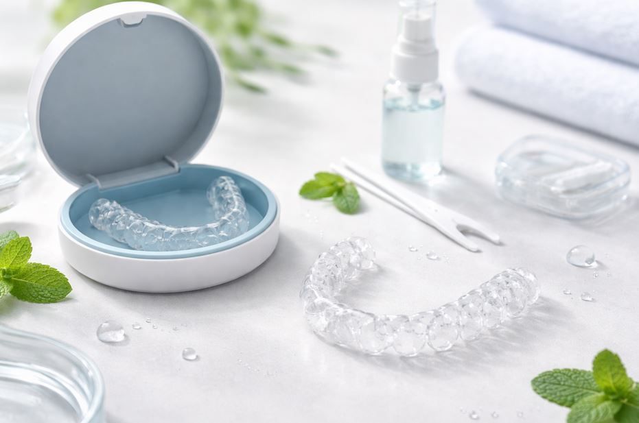 Alineadores dentales en un estuche blanco con hojas de menta y un frasco de limpieza sobre una superficie brillante.