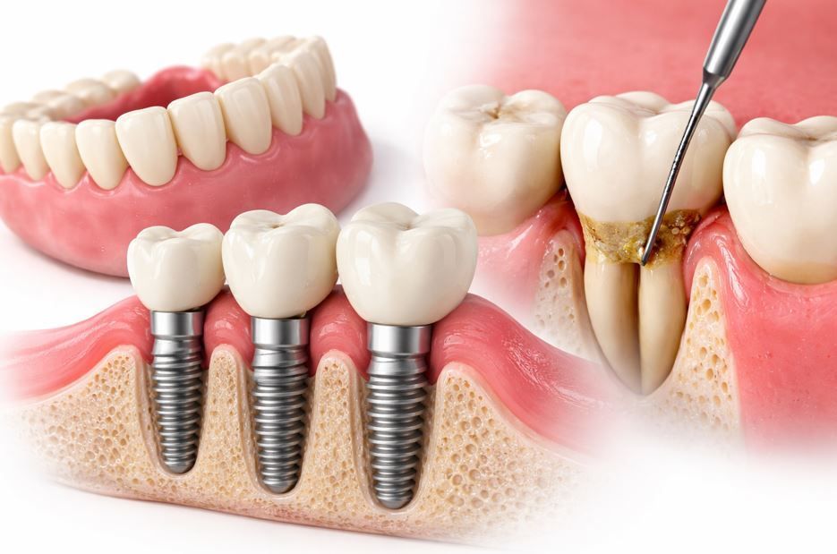 Ilustración de un implante dental que muestra tres implantes y un diente siendo examinados con un instrumento dental.