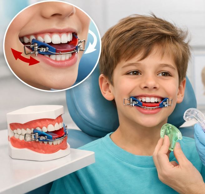 Niño con un colorido aparato de ortodoncia sonriendo 