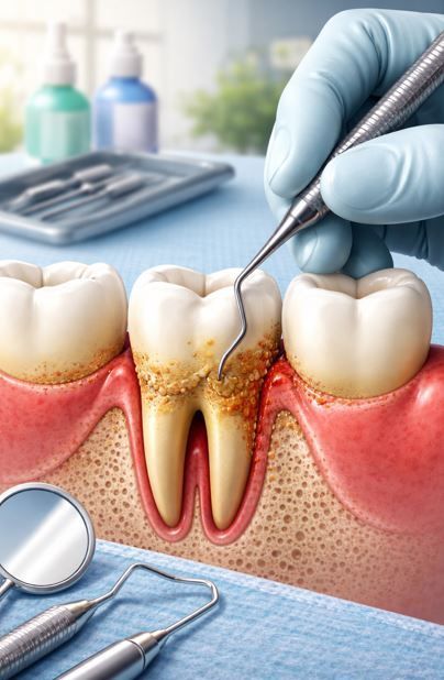 Durante una revisión, el dentista limpia una pieza dental cariada con un instrumento dental.