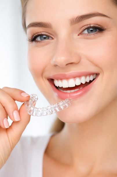 Mujer sonriendo mientras sostiene un alineador dental transparente cerca de su boca.