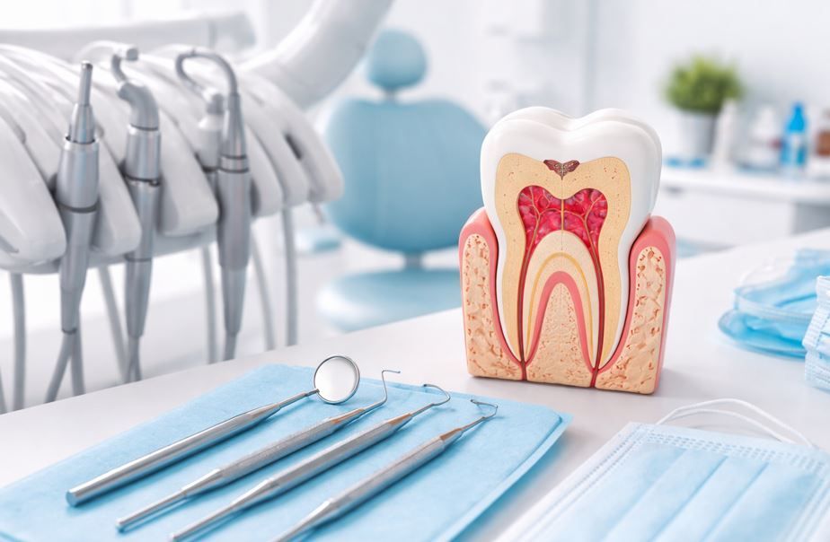 Escena de clínica dental con modelo de diente, instrumental dental y guantes médicos azules sobre una bandeja.