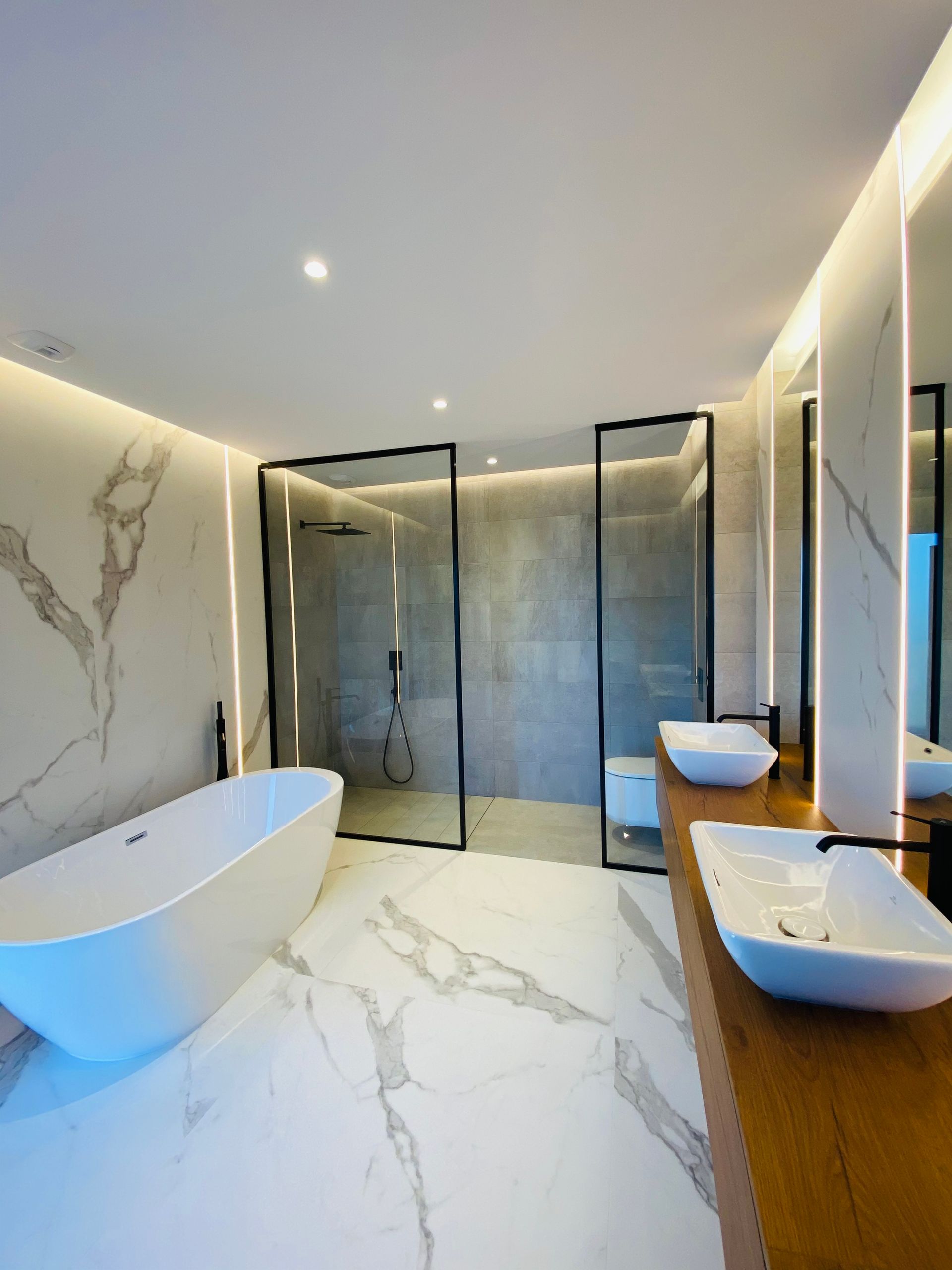 Douche avec paroi transparente et WC