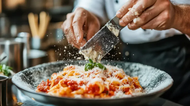 Un chef ralla queso sobre pasta con salsa de tomate en un restaurante.