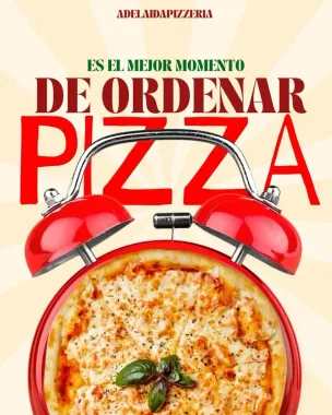 Anuncio de pizza. Un reloj despertador rojo enmarca una pizza. El texto dice: 