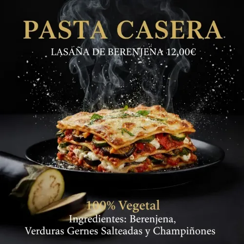 Lasaña con berenjena, verduras y champiñones. Texto: 