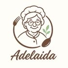 Logotipo con una mujer sonriente con gorro de chef, rodeada por un tenedor y una cuchara, con el nombre "Adelaida".