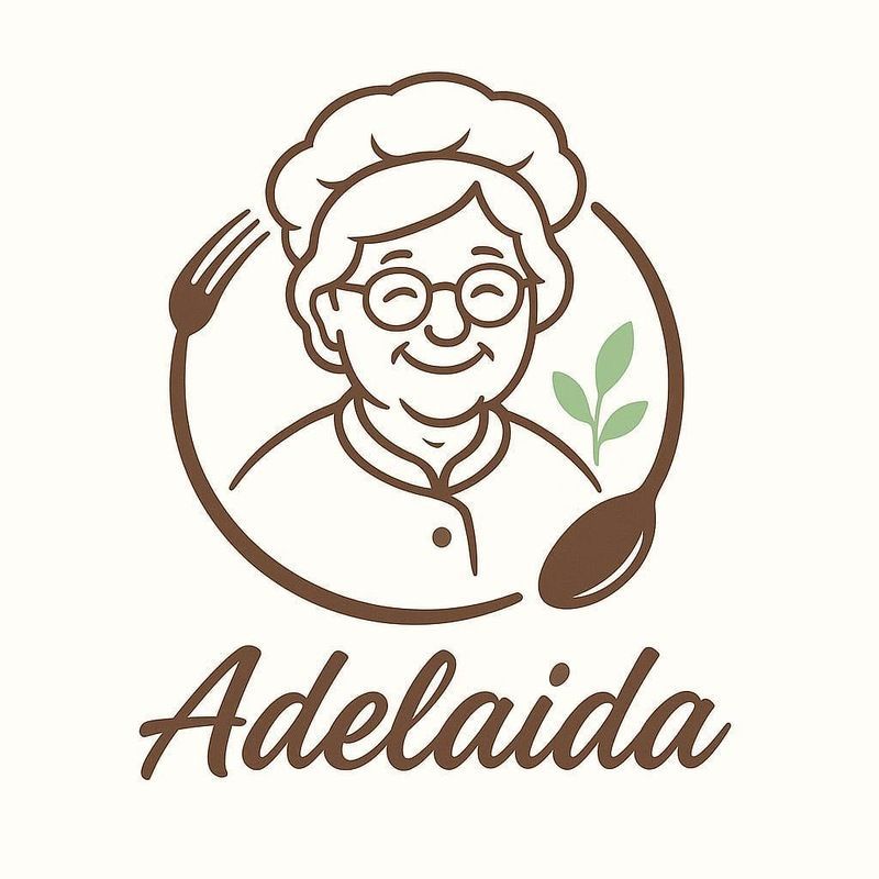Logotipo con una mujer sonriente con gorro de chef, rodeada por un tenedor y una cuchara, con el nombre "Adelaida".