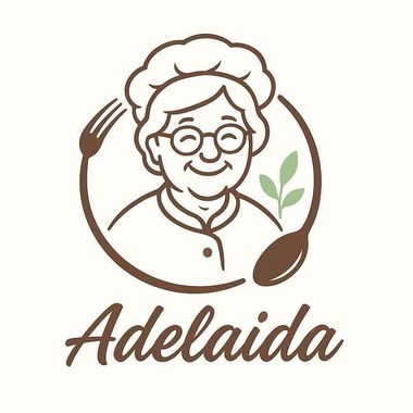 Logotipo con una mujer sonriente con gorro de chef, rodeada por un tenedor y una cuchara, con el nombre "Adelaida".