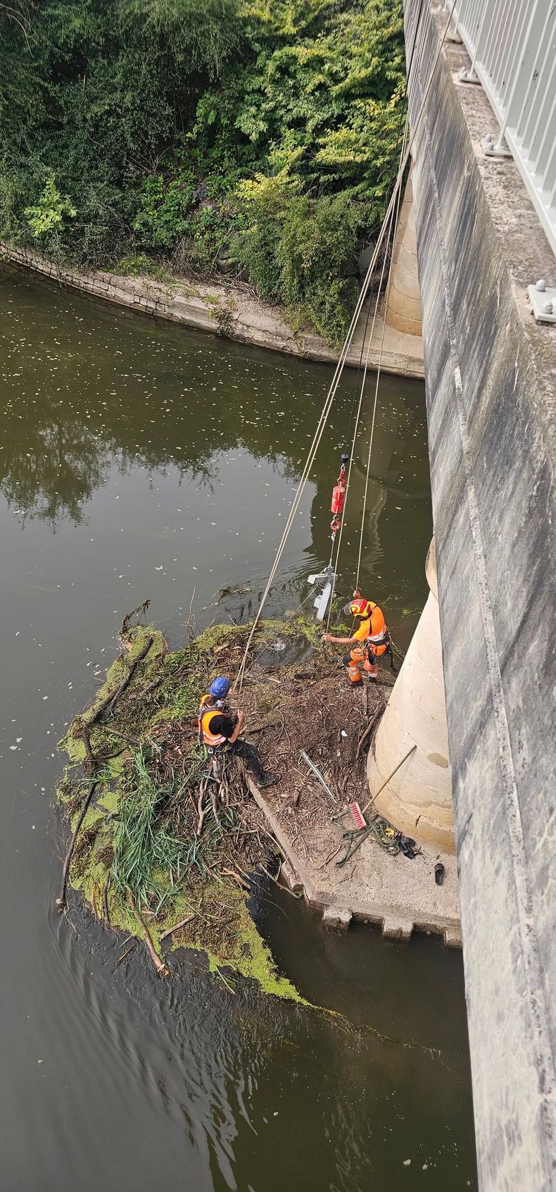 Déchets et débris coincés contre un pilier de pont dans une rivière, avec de l'eau en contrebas et de la végétation verte sur la rive.