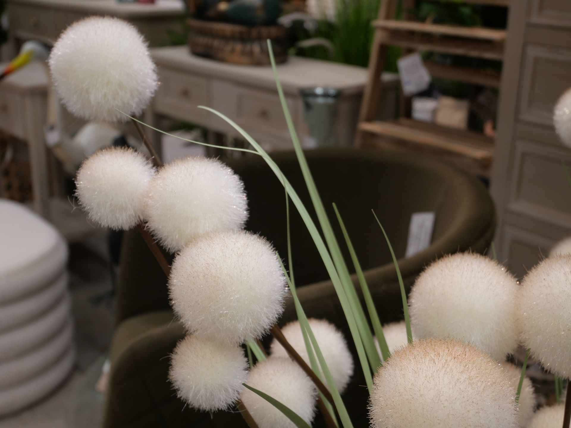 Des pompons blancs dans un vase en verre sur une table, avec mobilier et décoration en arrière-plan.