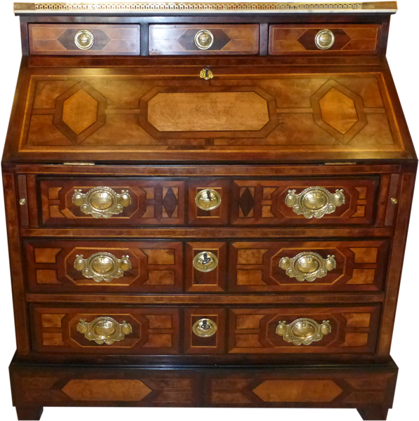 Bureau en bois avec bureau incliné et tiroirs, décoré de marqueterie de bois clair et de quincaillerie en laiton.