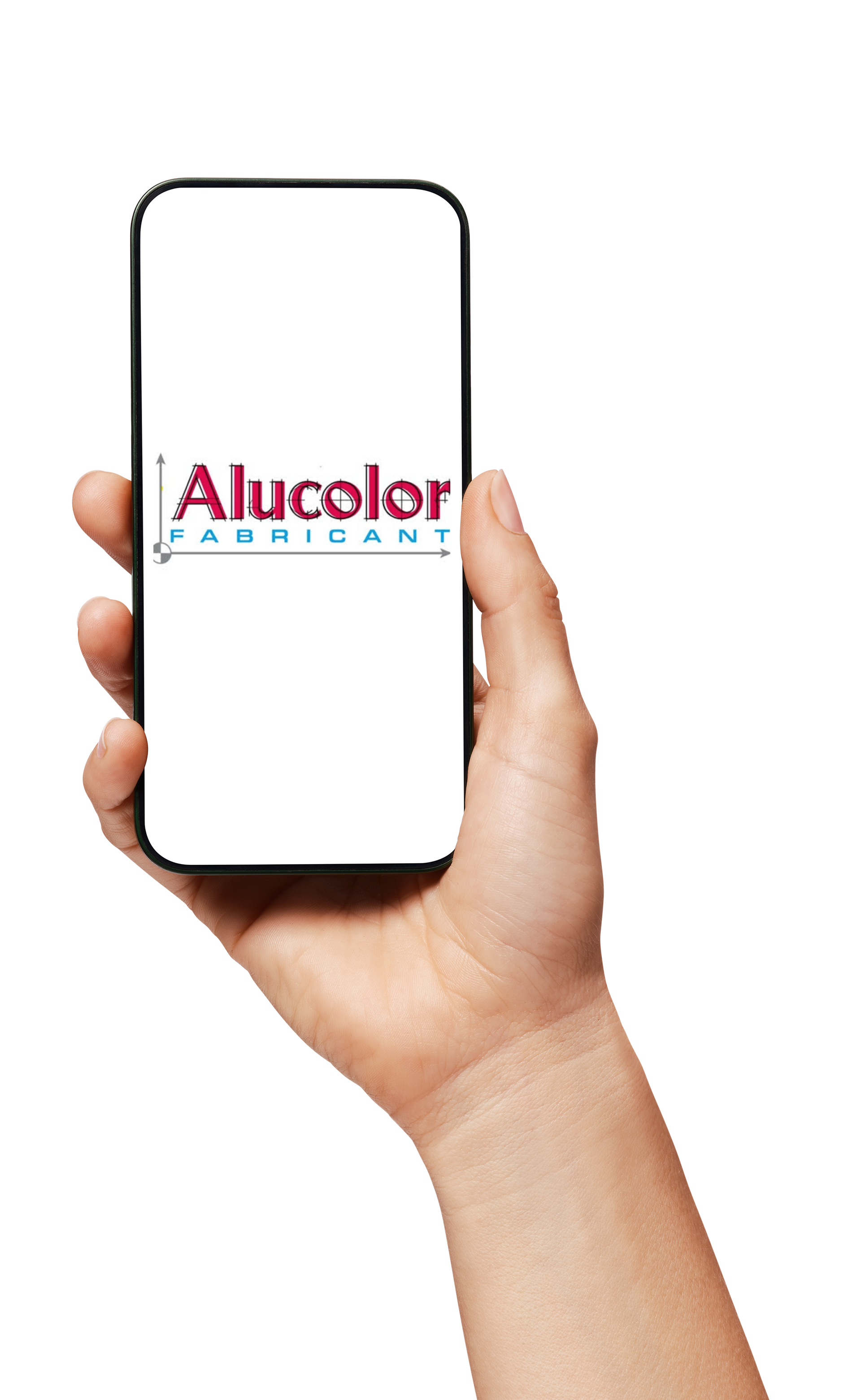 Main tenant un smartphone affichant le logo Alucolor FABRICANT.