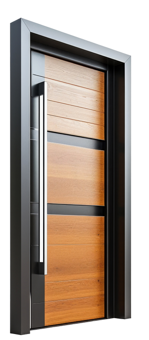 Porte d'entrée moderne en bois avec une longue poignée argentée et un cadre foncé.