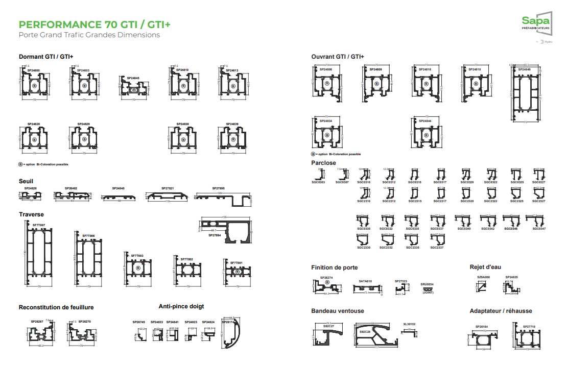 Schémas des profils de cadres de fenêtres et de portes de la gamme de produits Sapa Performance 70/GTI+.