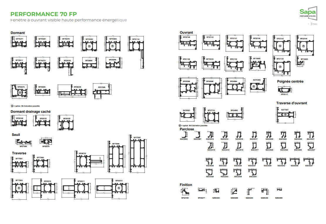 Dessins techniques de différents profils de cadres de fenêtres et de portes portant la mention PERFORMANCE 70 FP à usage architectural.