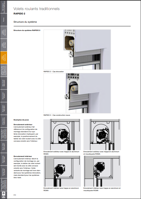 Schéma des volets roulants traditionnels avec des vues en coupe montrant les options d'installation et les détails structurels.