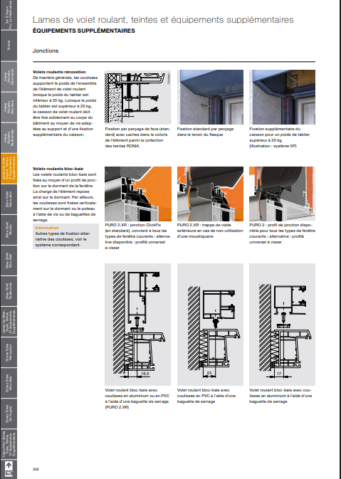 Schémas de volets roulants, de volets et de stores extérieurs, avec divers détails d'installation.