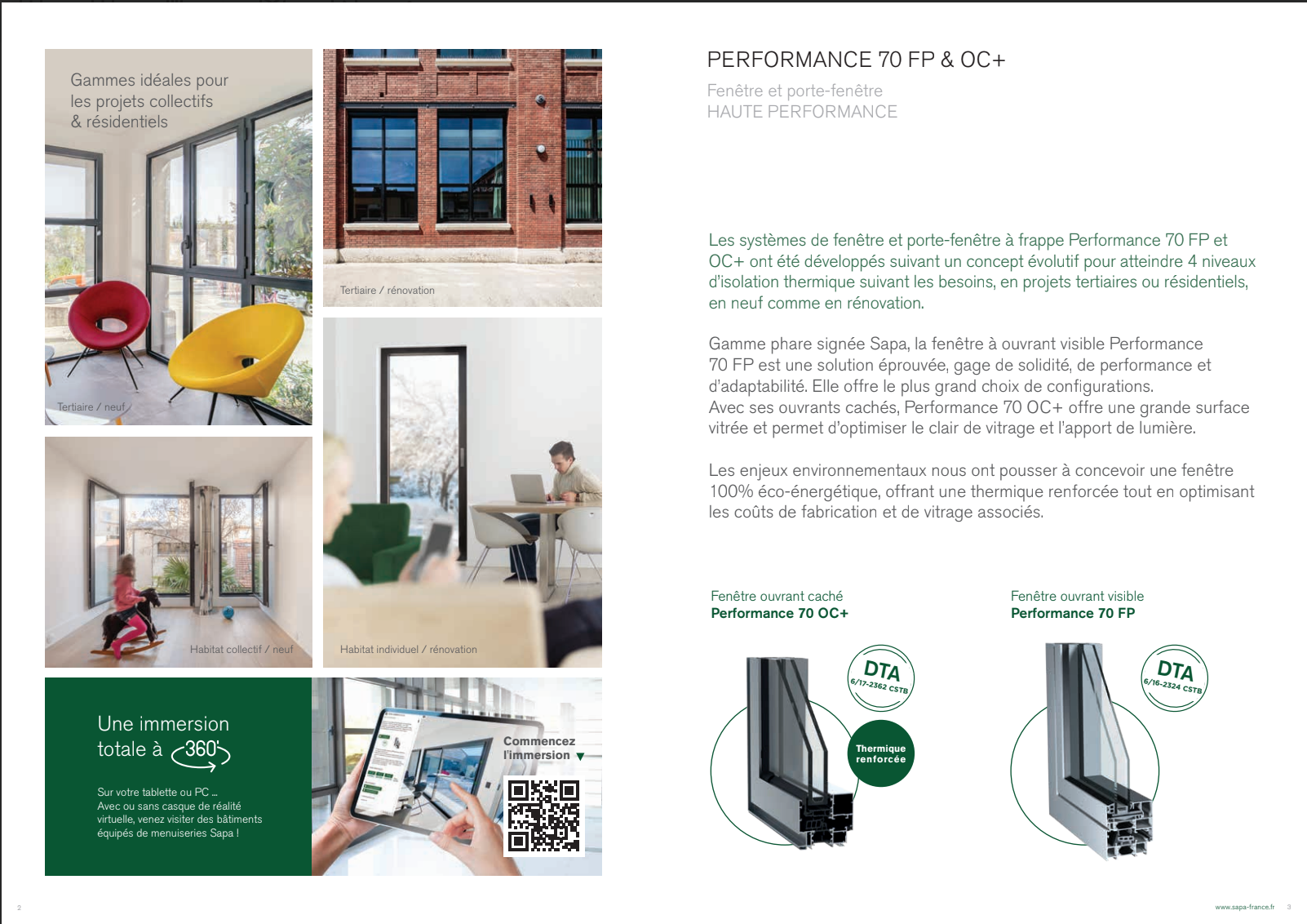 Brochure faisant la promotion des fenêtres Performance 70+ DC+ avec photos de maisons modernes et schémas.