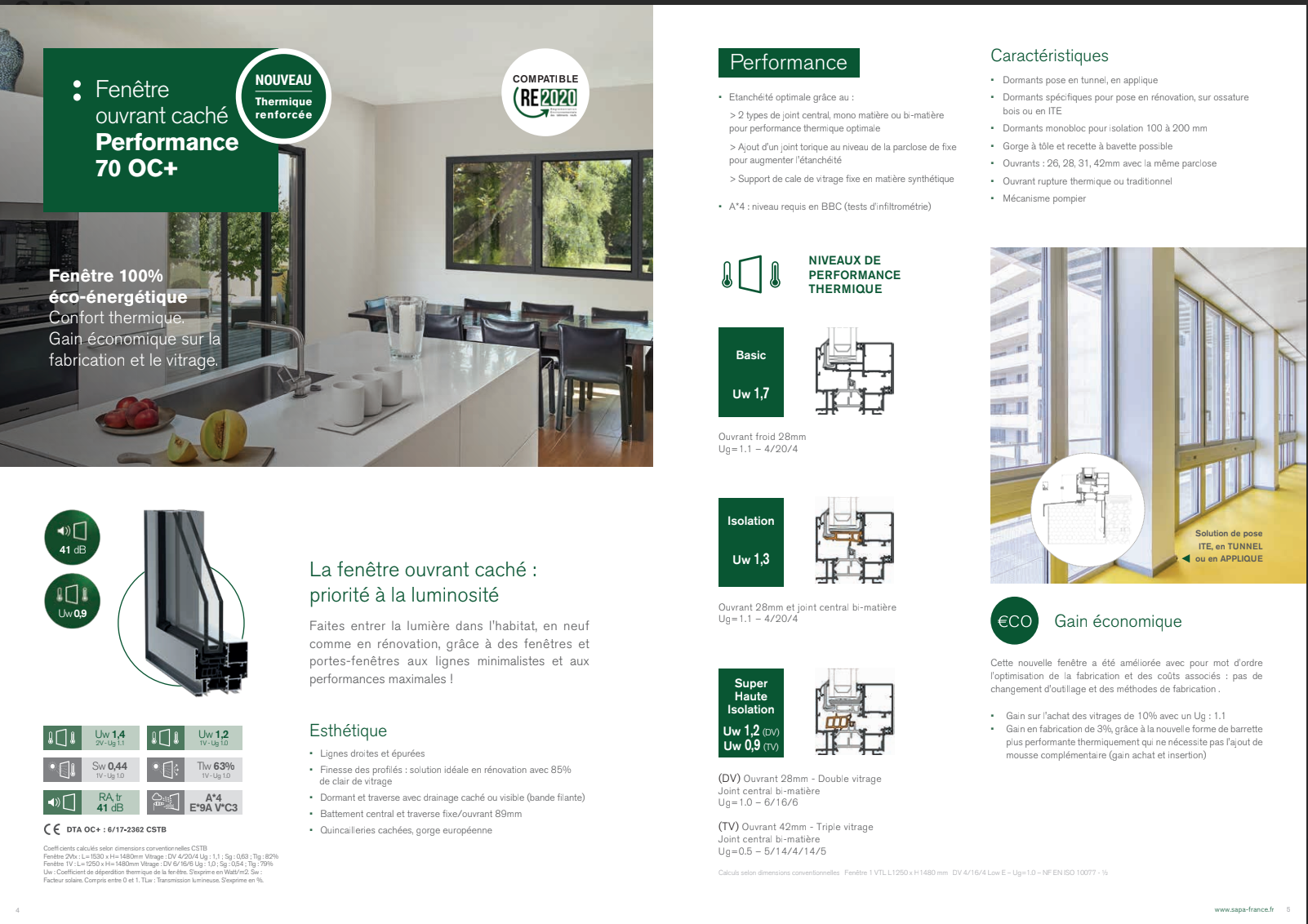 Brochure : une fenêtre aux performances exceptionnelles. Comprend des schémas en coupe et une photo d’un intérieur moderne.