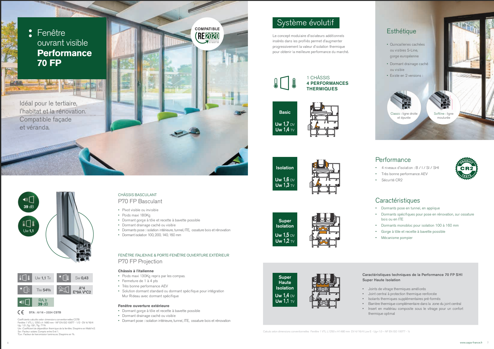 Page de brochure présentant les détails des fenêtres, leurs spécifications et une pièce avec une grande fenêtre.