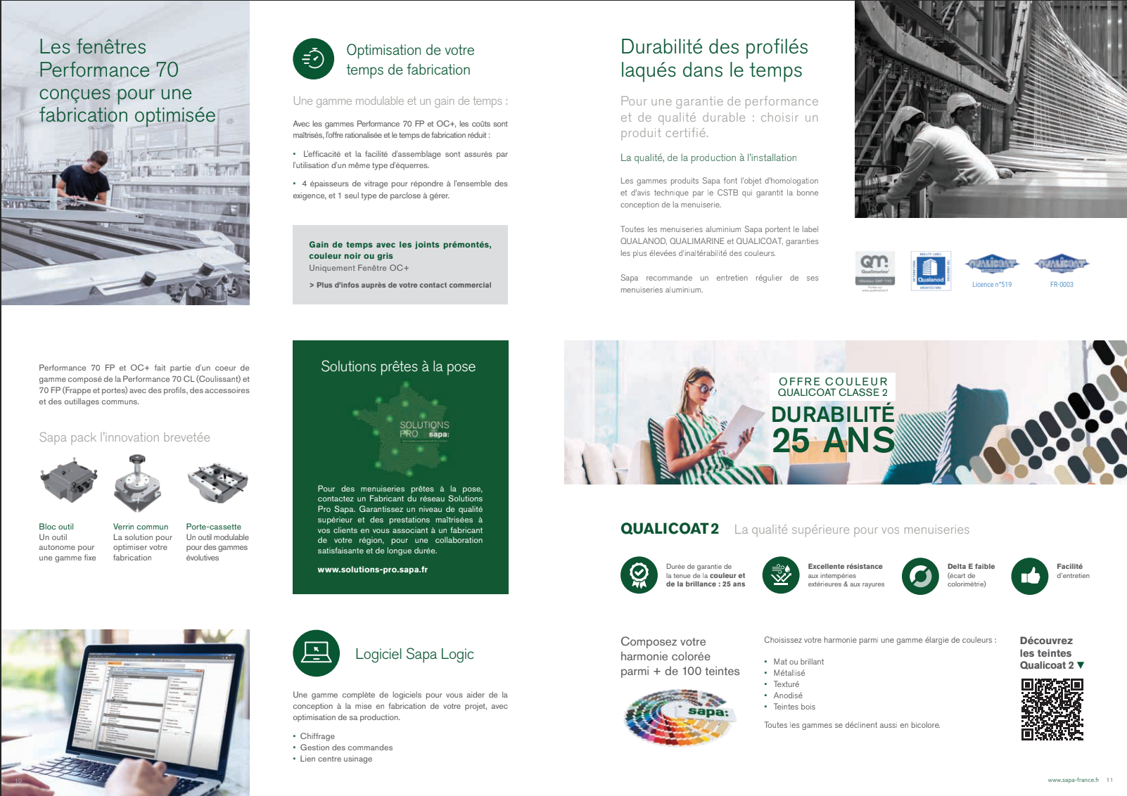 Brochure, mise en page vert et blanc, offres de produits et services variés, illustrations, textes et photos.