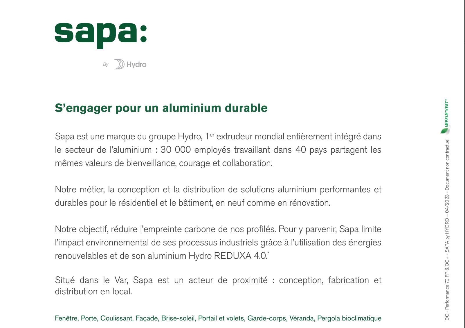 Sapa : texte français sur l’aluminium durable. Identité visuelle vert et blanc.