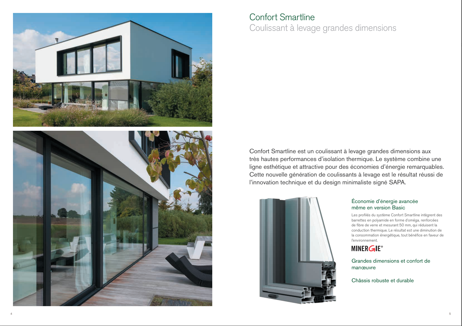 Maison moderne avec de grandes fenêtres ; illustration d'une section de cadre de fenêtre avec texte, mettant en avant les performances thermiques et le design.