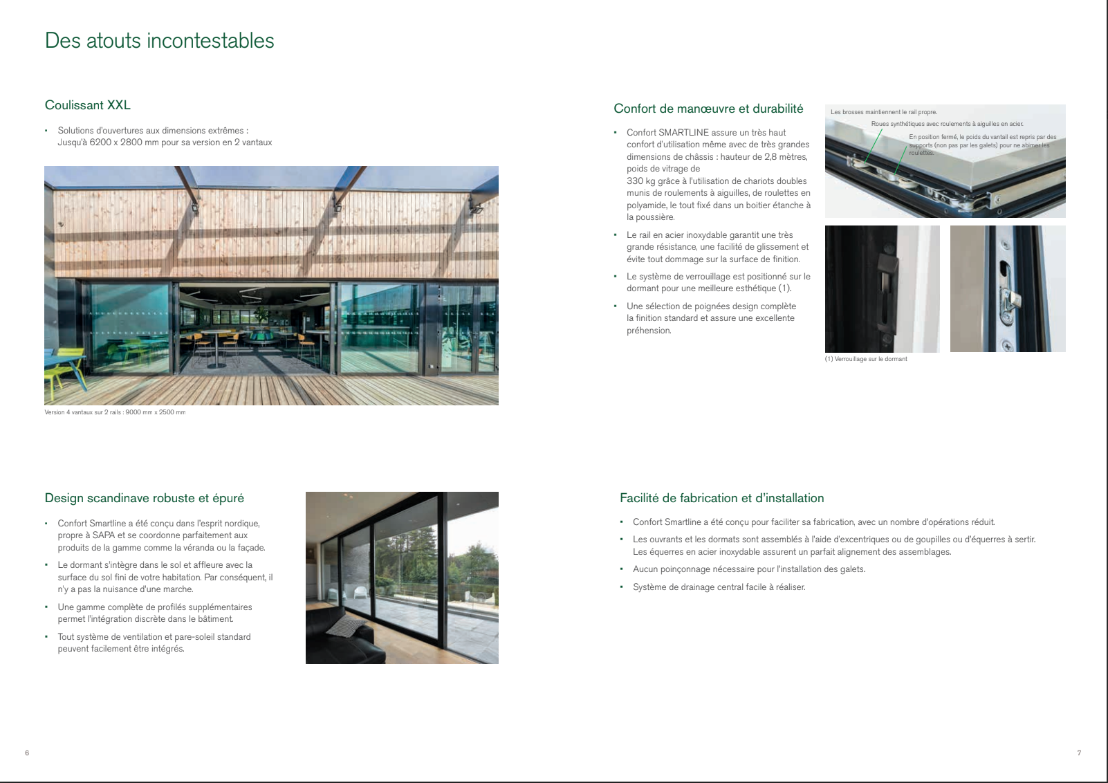 Brochure présentant des détails architecturaux. Vue extérieure de grandes portes vitrées, ainsi que de gros plans et du texte explicatif.