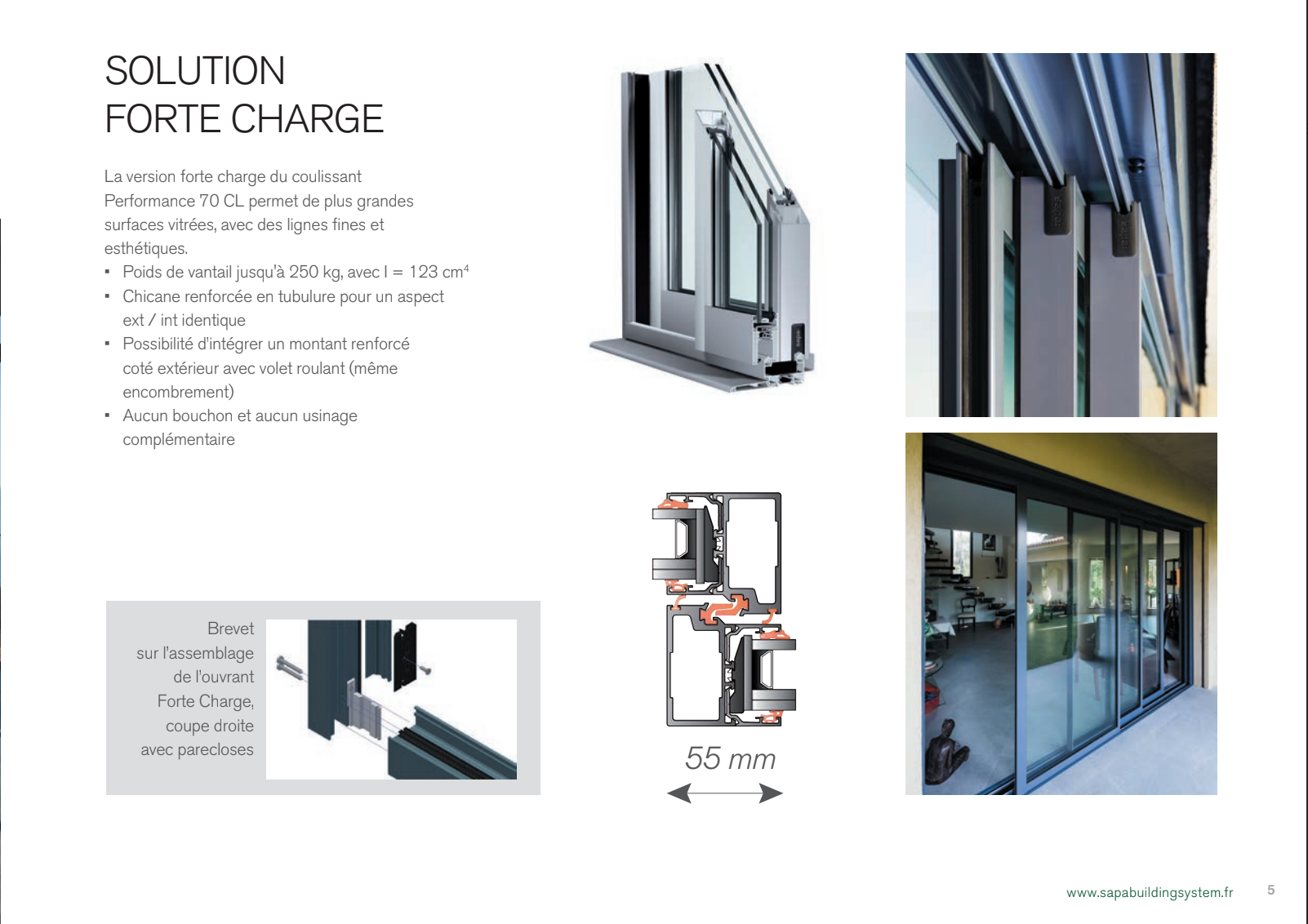 Brochure du système de porte coulissante en verre avec détails techniques et vues d'installation.