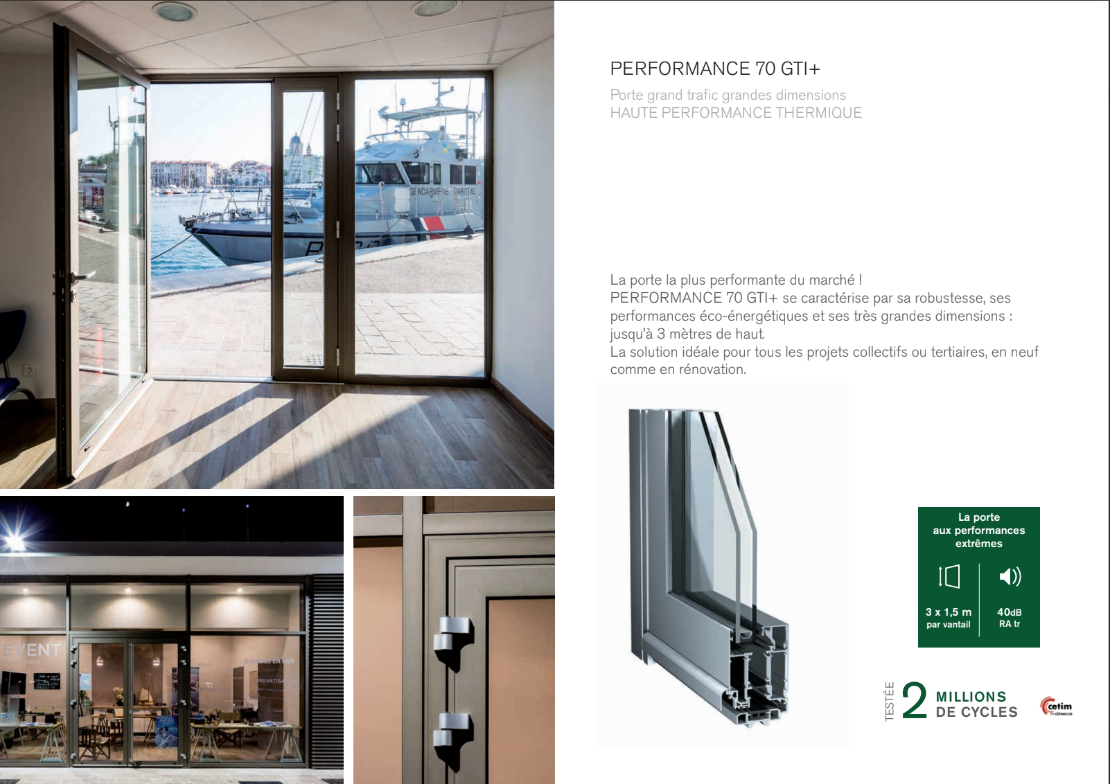 Une brochure présente un système de grande porte vitrée donnant sur un port. Gros plan sur les détails du cadre et schéma technique.