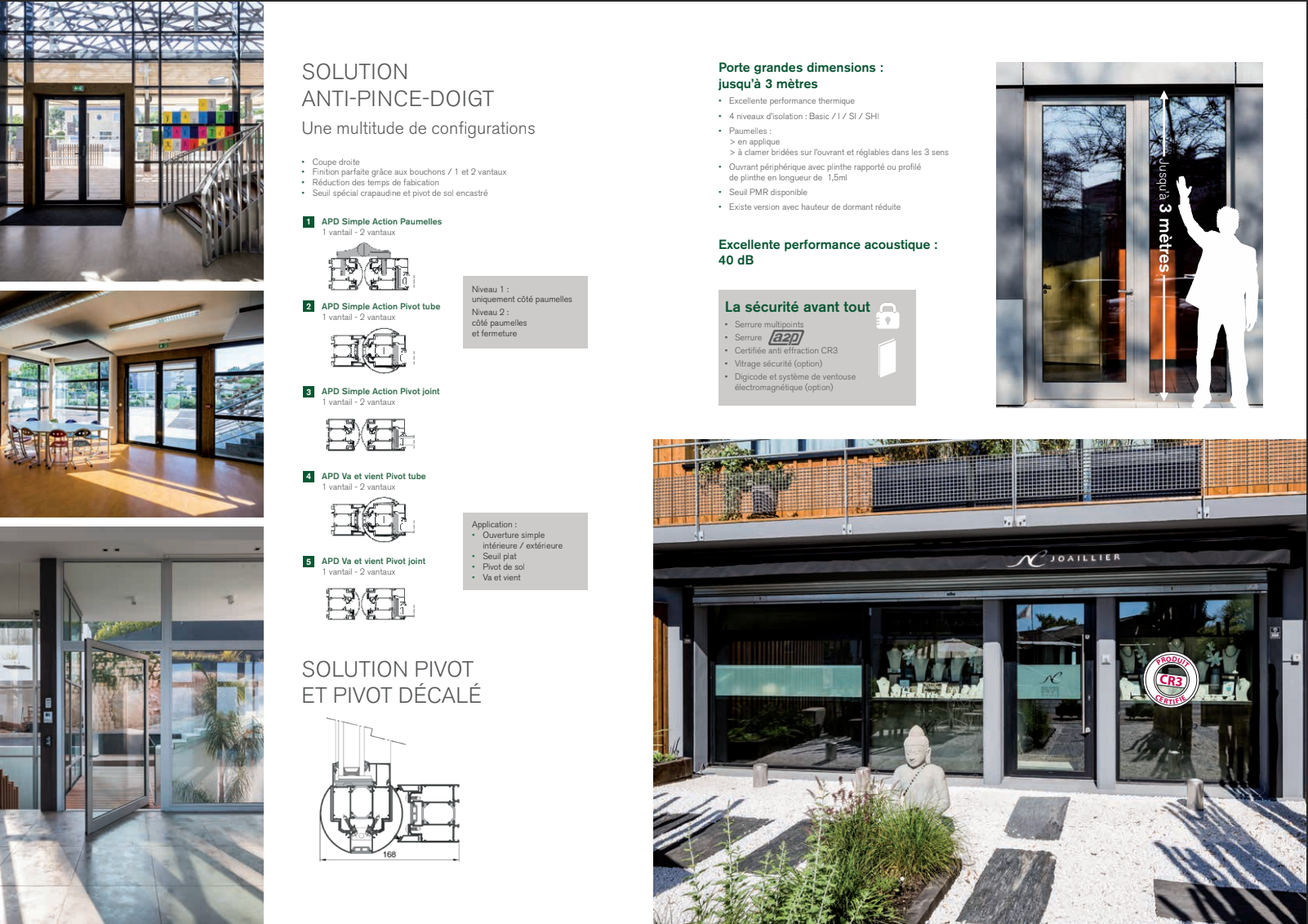 Page de brochure présentant des solutions de portes anti-pincement de doigts avec schémas et photos architecturales.