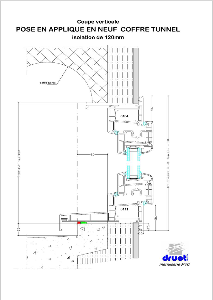Dessin architectural en coupe verticale d'une fenêtre installée dans un mur isolé, légendé en français.