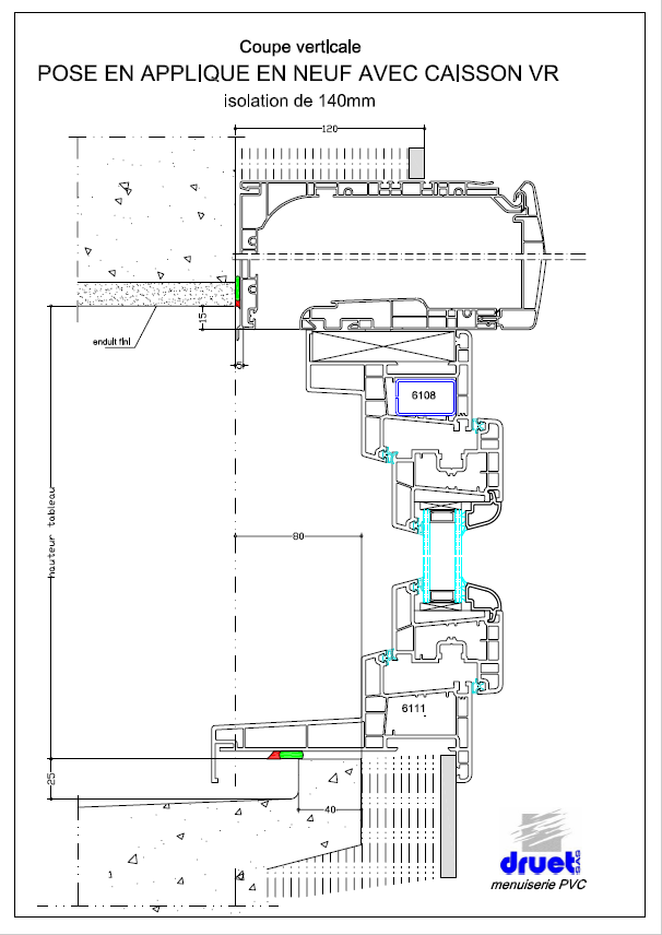 Dessin architectural en coupe verticale d'une installation de fenêtre, légendé en français, avec dimensions et détails en bleu et rouge.