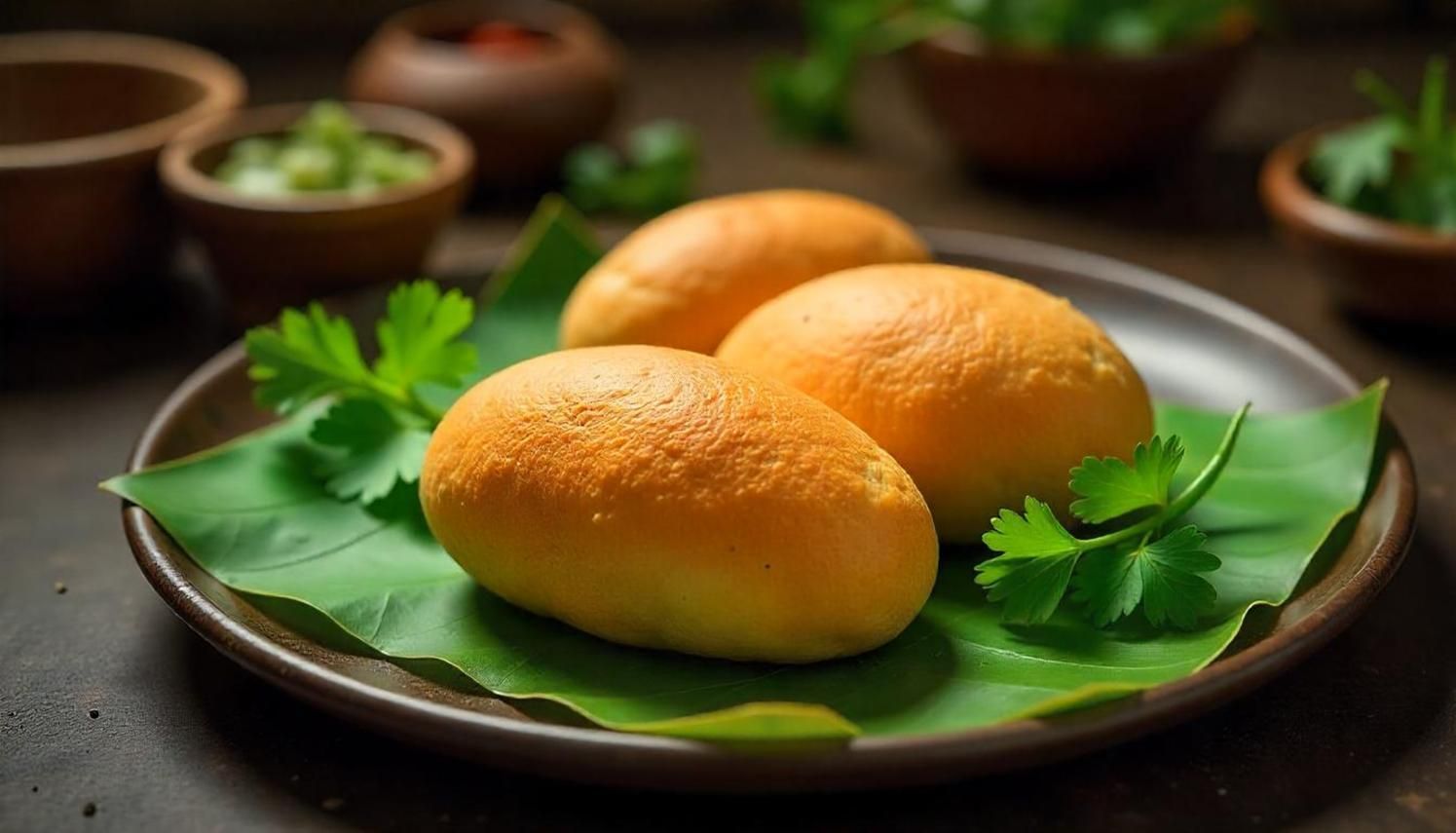 Tres panecillos dorados en un plato con hojas verdes y ramitas de perejil. Cuencos de condimentos al fondo.