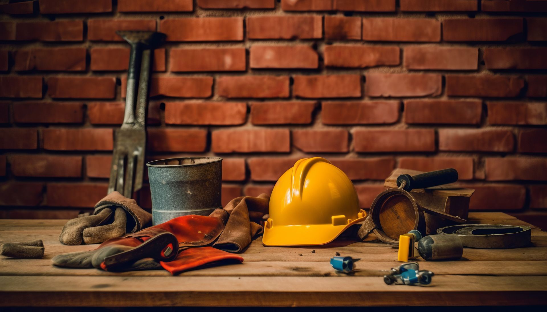 Herramientas de construcción sobre superficie de madera frente a pared de ladrillos: casco amarillo, guantes, paleta, balde, otras herramientas.