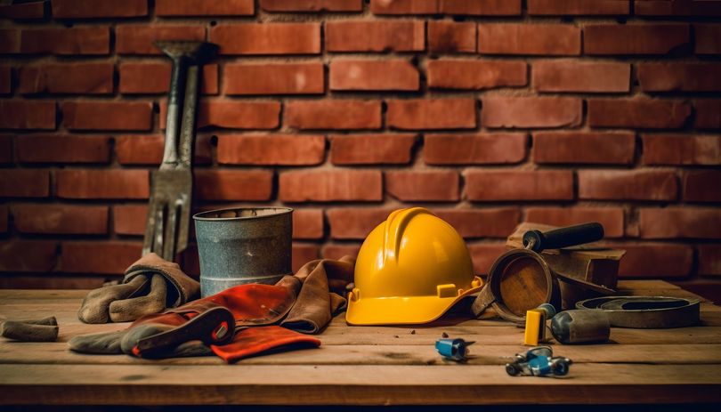 Herramientas de construcción sobre superficie de madera frente a pared de ladrillos: casco amarillo, guantes, paleta, balde, otras herramientas.