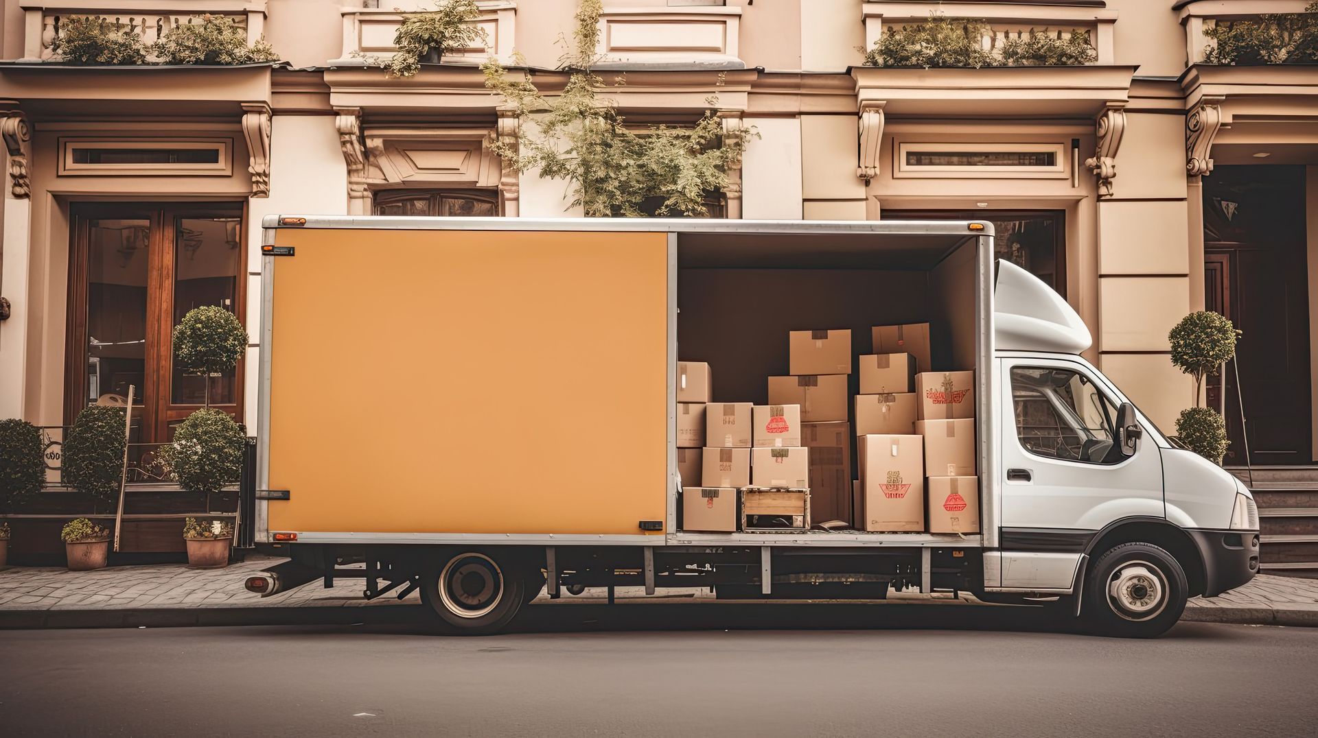 Camión de reparto estacionado en la calle, área de carga abierta llena de cajas de cartón frente a un edificio.