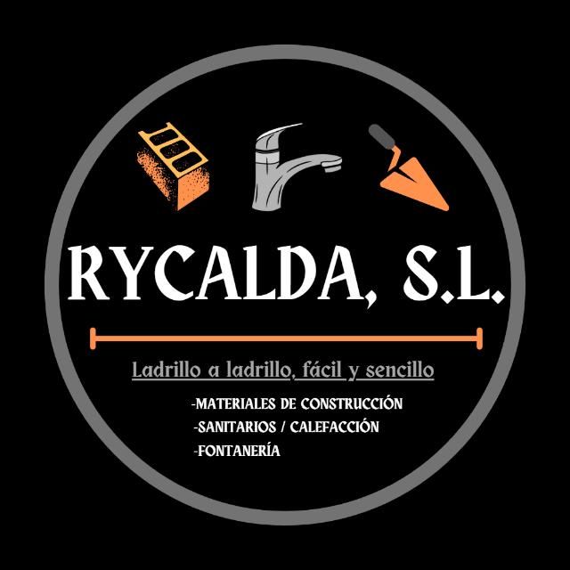 Logotipo de Rycalda, SL, empresa de materiales de construcción. Fondo negro con un ladrillo, un grifo y una llana.