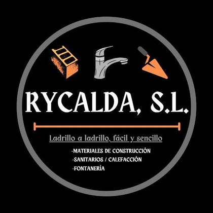 Logotipo de Rycalda, SL, empresa de materiales de construcción. Fondo negro con un ladrillo, un grifo y una llana.