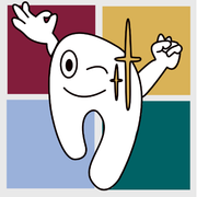 Personaje de diente animado guiñando un ojo y haciendo un gesto de 