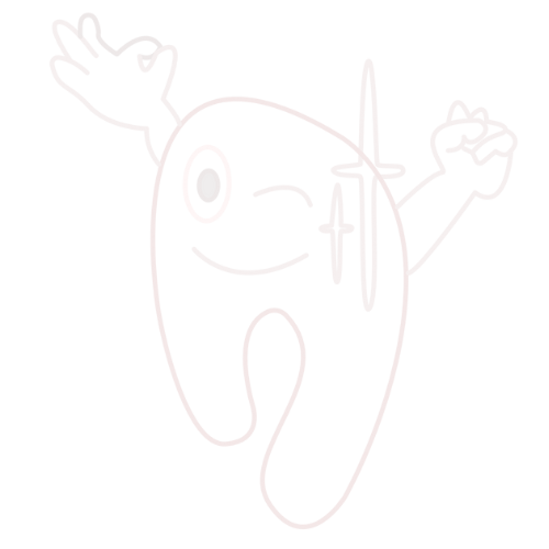 Diente de dibujos animados con un ojo guiñando, brazos levantados en señal de